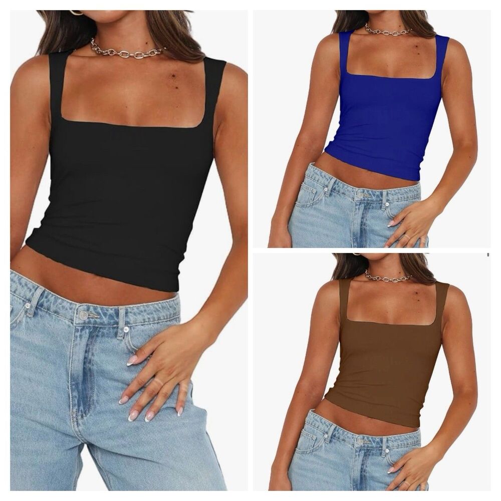 Abardsion 3 Women’s M Sexy Crop Tops Square Neck Sleeveless Double Layer Tanks